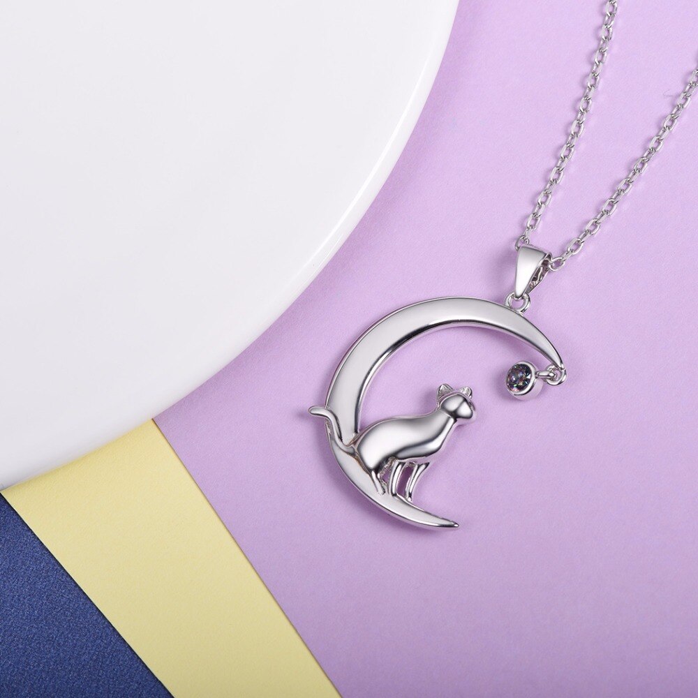 Moon Cat Design Sterling Silver Women's Pendant  Necklace