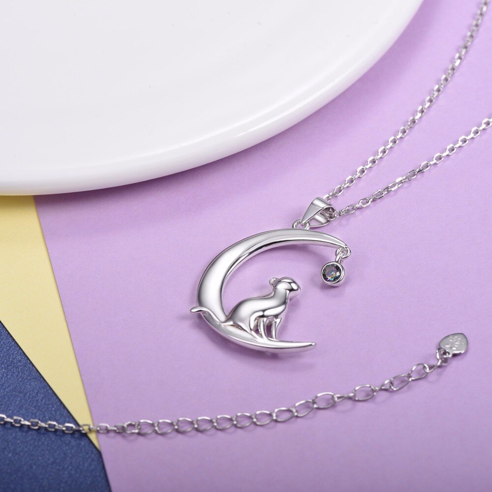 Moon Cat Design Sterling Silver Women's Pendant  Necklace