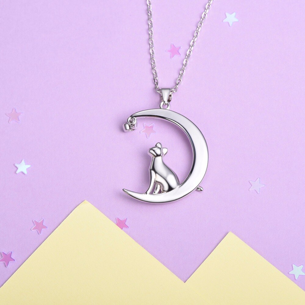 Moon Cat Design Sterling Silver Women's Pendant  Necklace