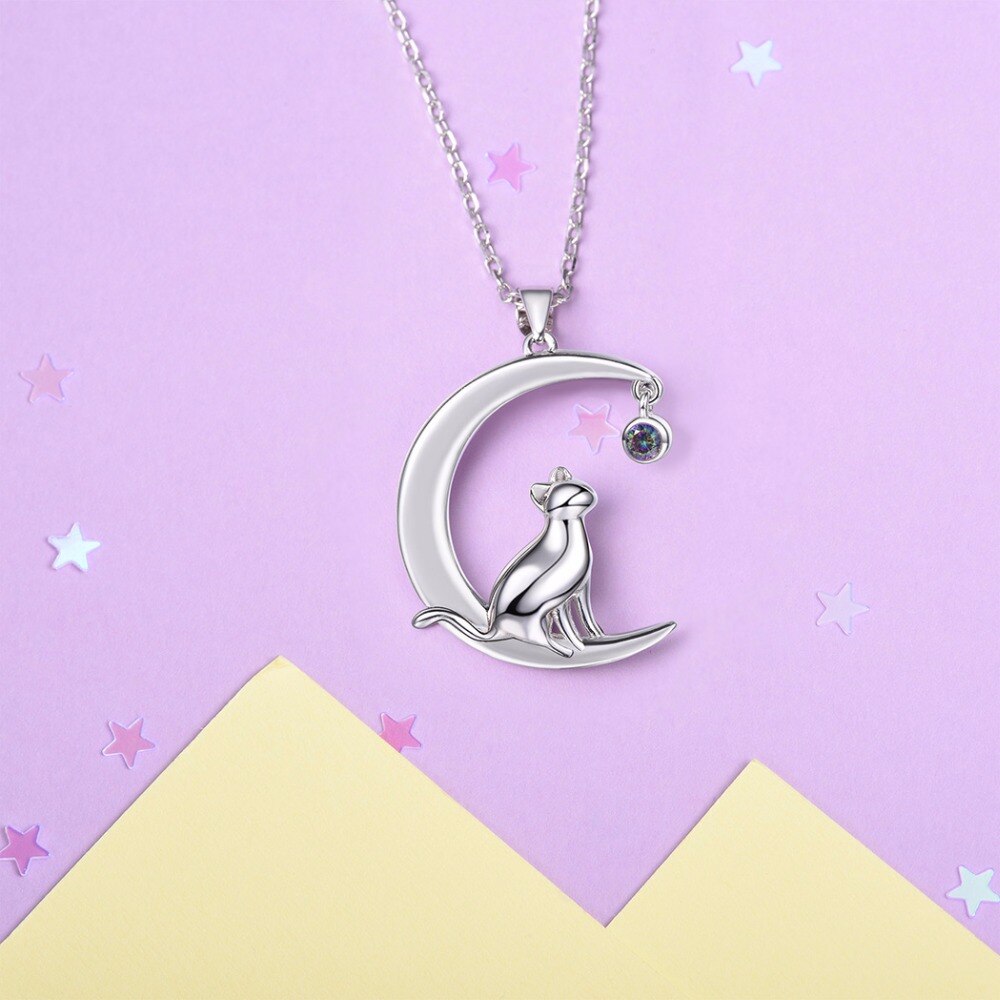 Moon Cat Design Sterling Silver Women's Pendant  Necklace