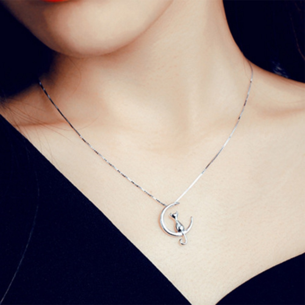 Women's Necklace with a Silhouette of a Cat on the Moon