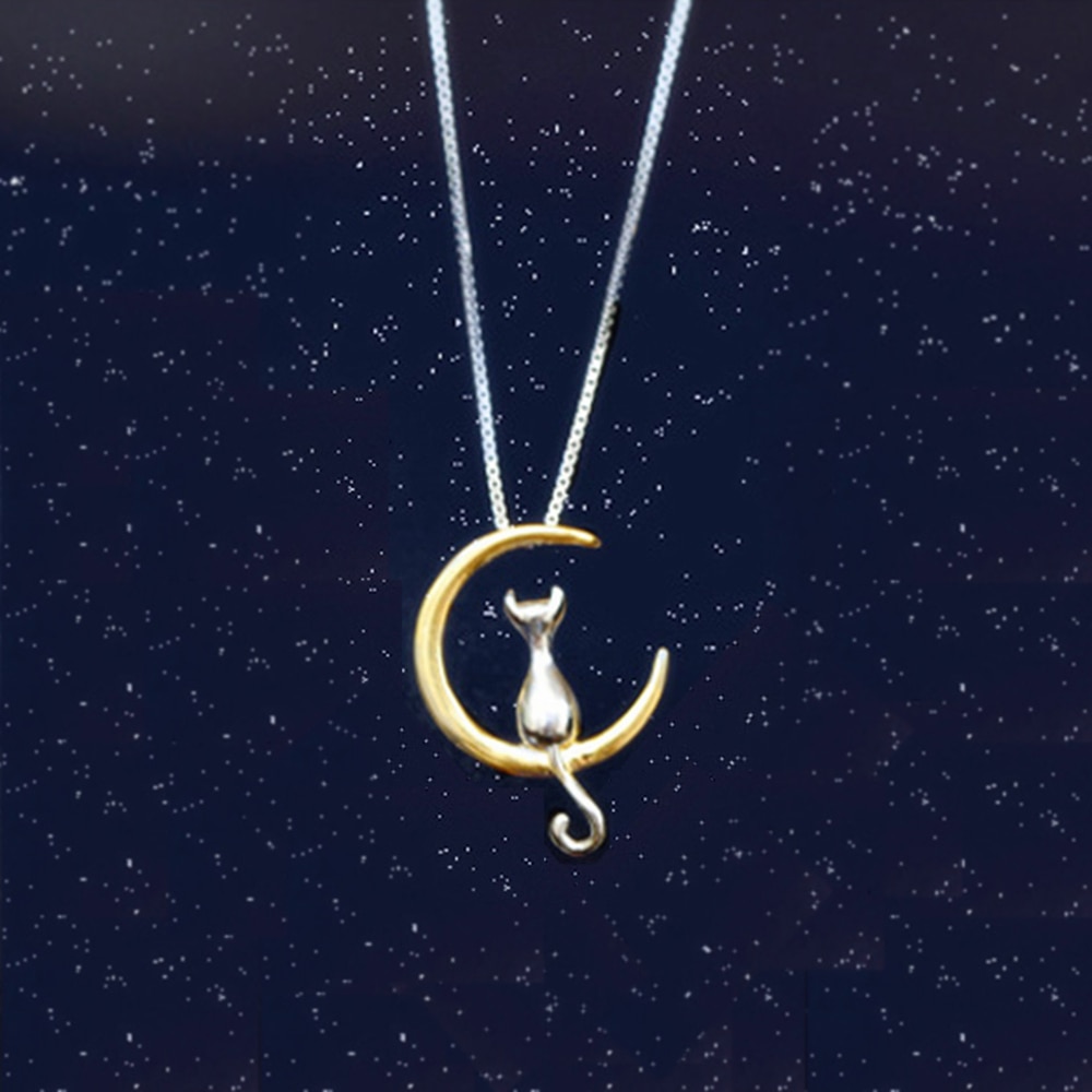 Women's Necklace with a Silhouette of a Cat on the Moon