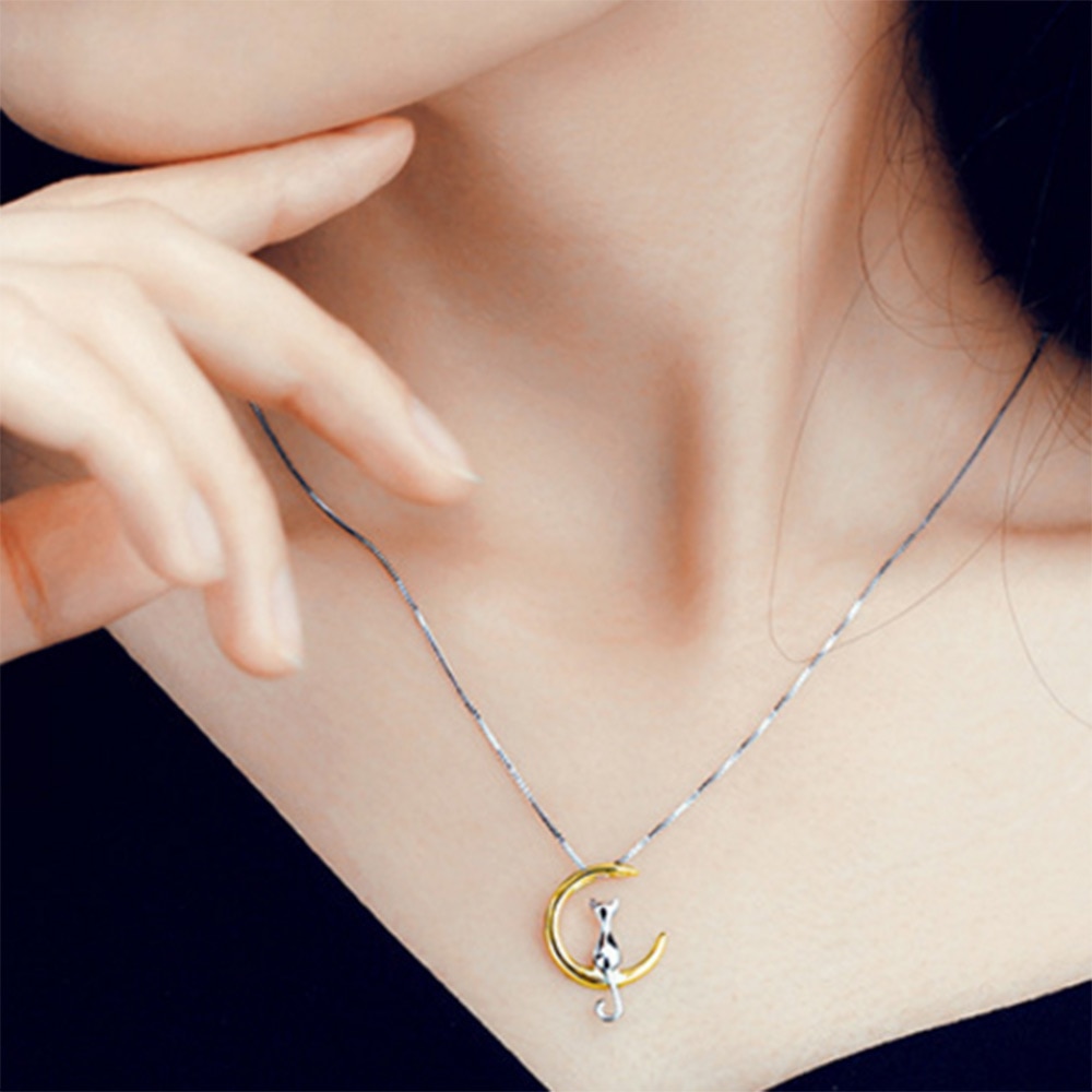 Women's Necklace with a Silhouette of a Cat on the Moon