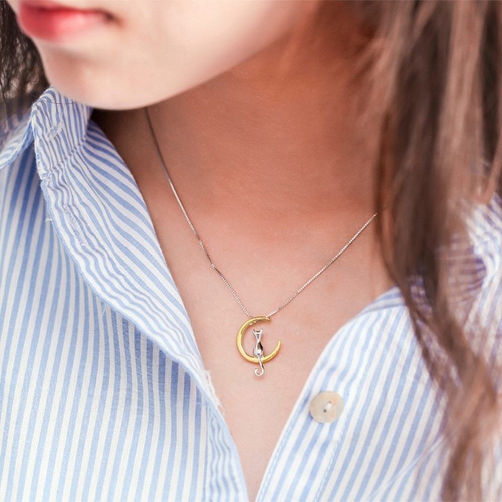 Women's Necklace with a Silhouette of a Cat on the Moon